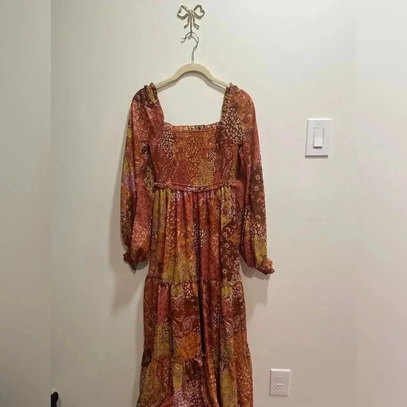 AURA maxi dress patchwork boho rust long sleeves smocked paisley stretchy - Picture 2 of 7